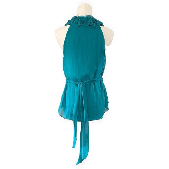 Nordstrom NU Collective NWT Ruffle Silk Blouse S Teal Blue V-neck Tie Waist $174 - Picture 2 of 9